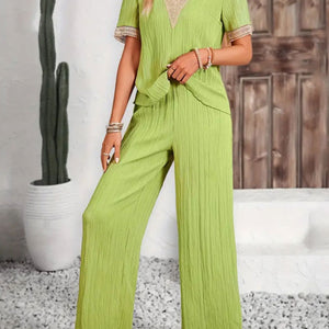 V-Neck Short Sleeve Top and Pants Set