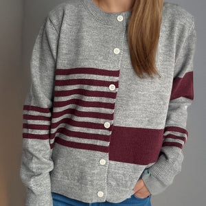 Striped Color Block Round Neck Cardigan