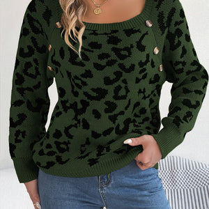 Leopard Buttoned Square Neck Sweater