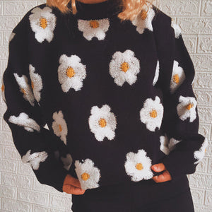 Flower Round Neck Long Sleeve Sweater