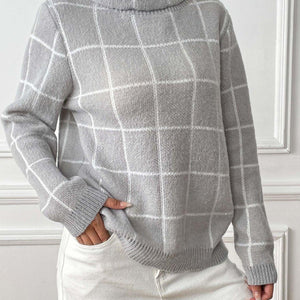 Plaid Turtleneck Long Sleeve Sweater