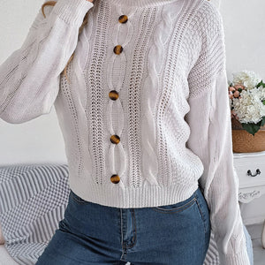 Cable-Knit Buttoned Round Neck Sweater