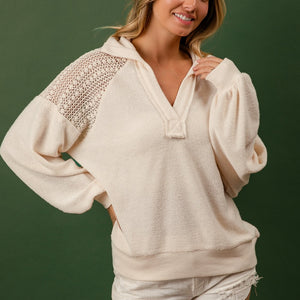 BiBi French Terry Lace Shoulder Top