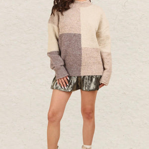 VERY J Color Block Mock Neck Drop Shoulder Sweater