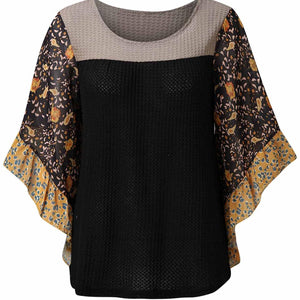 Full Size Printed Round Neck Three-Quarter Sleeve Blouse