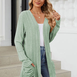 Pocketed Open Front Long Sleeve Cardigan