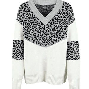 Leopard V-Neck Dropped Shoulder Sweater