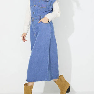 Slit Half Button Collared Neck Cap Sleeve Denim Dress