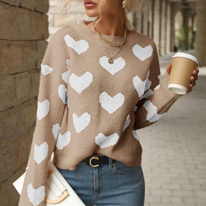 Perfee Heart Pattern Dropped Shoulder Sweater