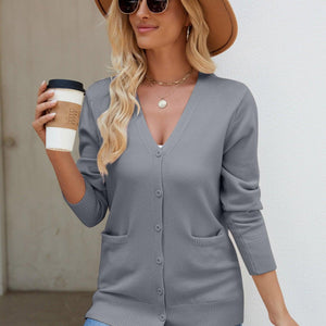 Pocketed V-Neck Button Up Long Sleeve Cardigan