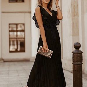 Tied Surplice Cap Sleeve Pleated Dress