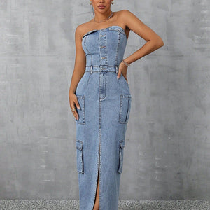 Slit Half Button Tube Denim Dress