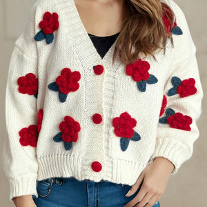 Flower Button Down V-Neck Long Sleeve Cardigan