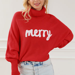 Merry Letter Embroidered High Neck Sweater