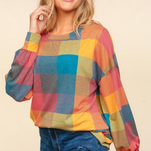 Haptics Round Neck Color Block Plaid Top