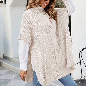 Cable-Knit Turtleneck Slit Sweater