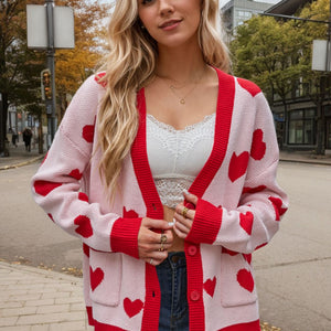 Heart Button Up Dropped Shoulder Long Sleeve Cardigan