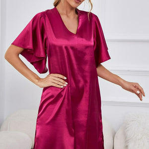 Satin Flutter Sleeve Side Slit V-Neck Night Dress