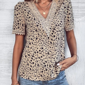 Full Size Printed V-Neck Short Sleeve Blouse