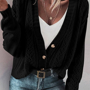 Openwork Button Up Long Sleeve Cardigan