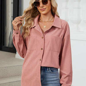 Button Up Dropped Shoulder Long Sleeve Outerwear