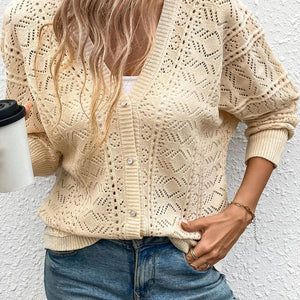 Perfee Openwork Button Up Long Sleeve Cardigan