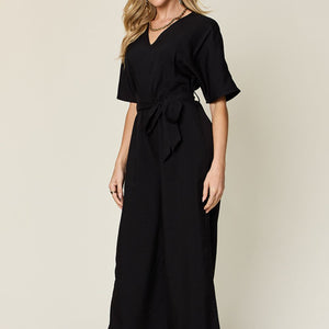 Double Take Full Size V-Neck Tied Side Slit Jumpsuit