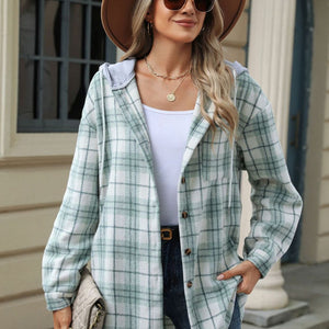 Drawstring Plaid Button Up Hooded Jacket