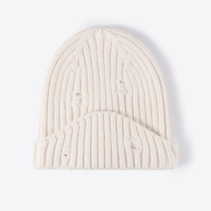 Distressed Rib-Knit Beanie