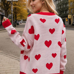 Heart Button Up Dropped Shoulder Long Sleeve Cardigan