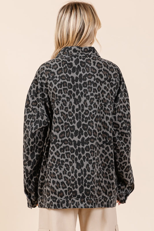 Mittoshop Leopard Button Up Denim Shacket with Breast Pockets