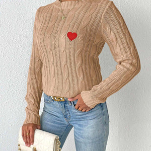 Cable-Knit Heart Round Neck Long Sleeve Sweater