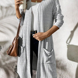 Ribbed Open Front Long Sleeve Cardigan with Pockets