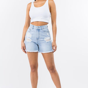 American Bazi High Waist Distressed Raw Hem Denim Shorts