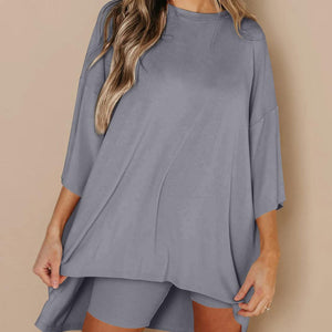 Full Size Round Neck Top and Skinny Shorts Set