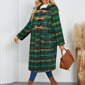 Plaid Long Sleeve Hooded Coat with Pockets