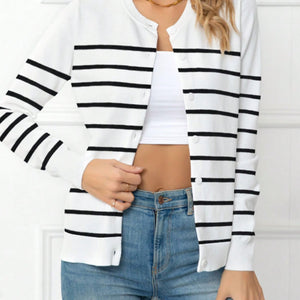 Striped Round Neck Button Up Cardigan