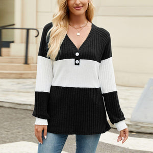 Color Block V-Neck Long Sleeve T-Shirt