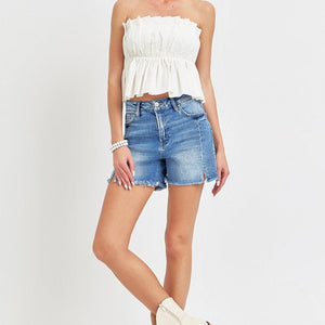 RISEN Front Slit Raw Hem Denim Shorts