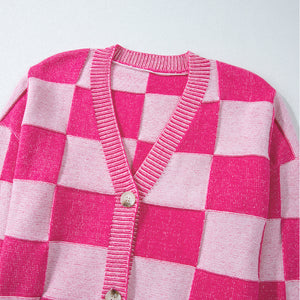 Checkered V-Neck Long Sleeve Cardigan