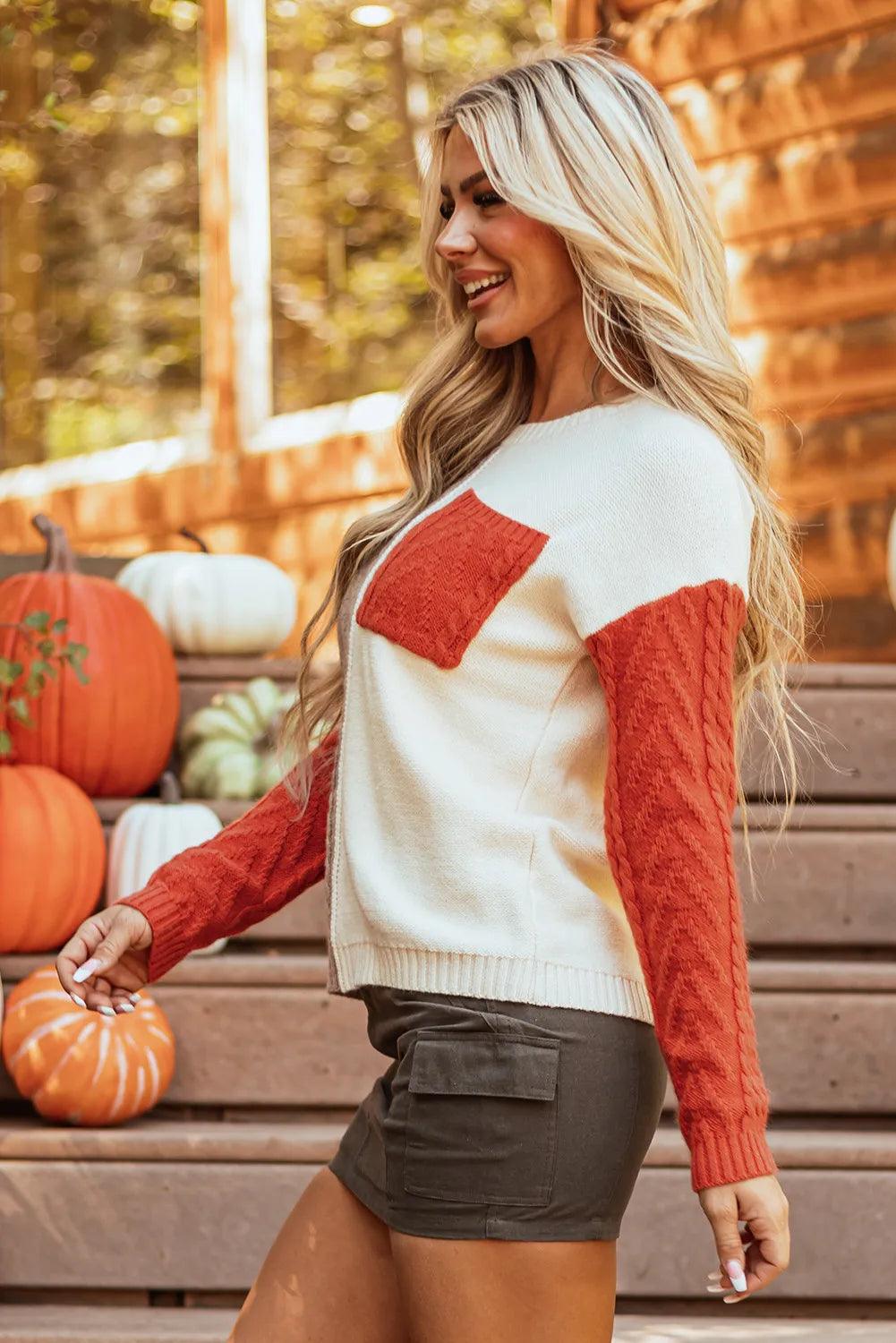 Color Block Round Neck Long Sleeve Sweater