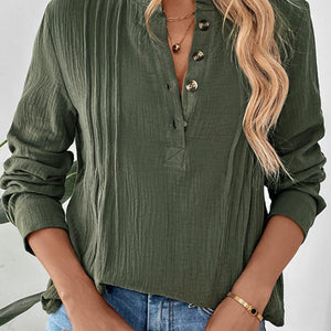 Perfee Textured Notched Long Sleeve Blouse