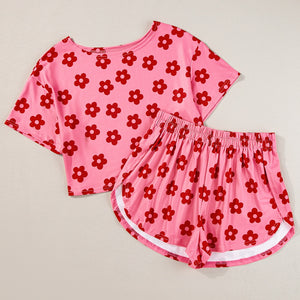 Flower Round Neck Top and Shorts Lounge Set