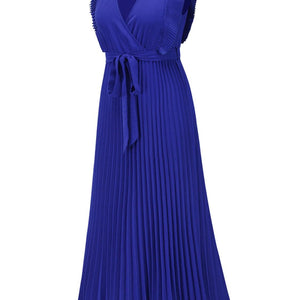 Tied Surplice Cap Sleeve Pleated Dress