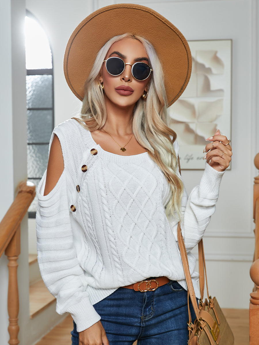 Decorative Button Cold-Shoulder Sweater