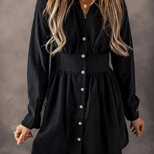 Ruched Button Up Long Sleeve Dress