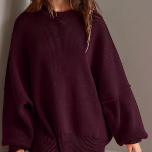 Double Take Side Slit Round Neck Long Sleeve Sweater