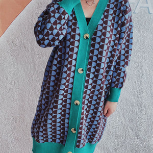 Contrast Trim Geometric Button Down Cardigan