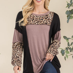 Celeste Full Size Leopard Color Block Exposed Seam T-Shirt