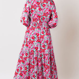 Printed Round Neck Lantern Sleeve Maxi Dress